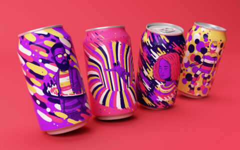 Bright Colorful Branding on 4 pop cans on pink background