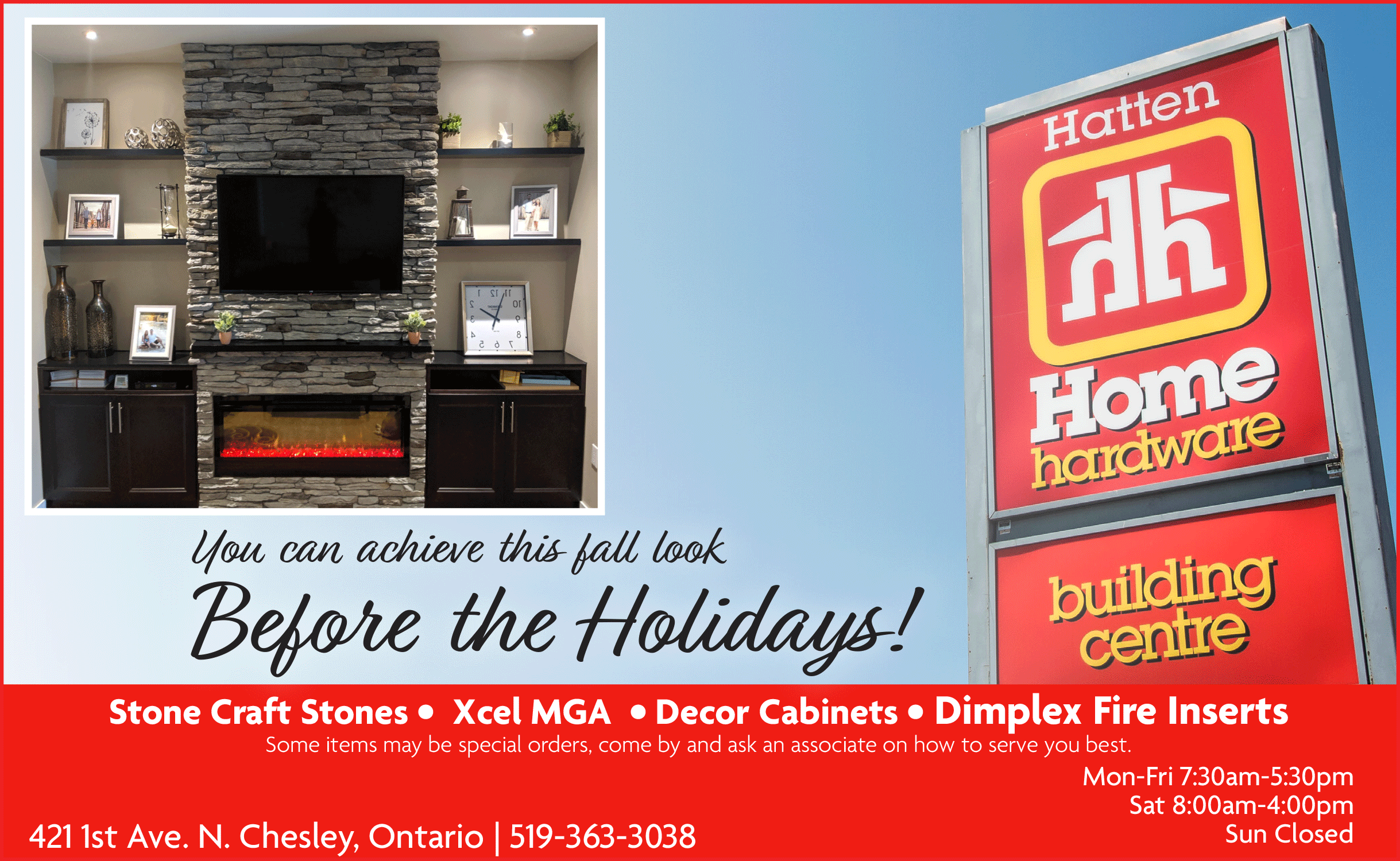 Hatten Home Hardware ad for shelving solutions with a image of a custom stone accent wall