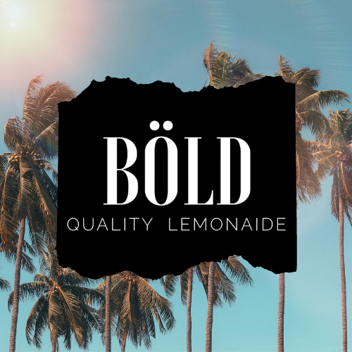 Bold Quality lemonaide white text design in a ripped out middle part of a image of palm trees in the sun