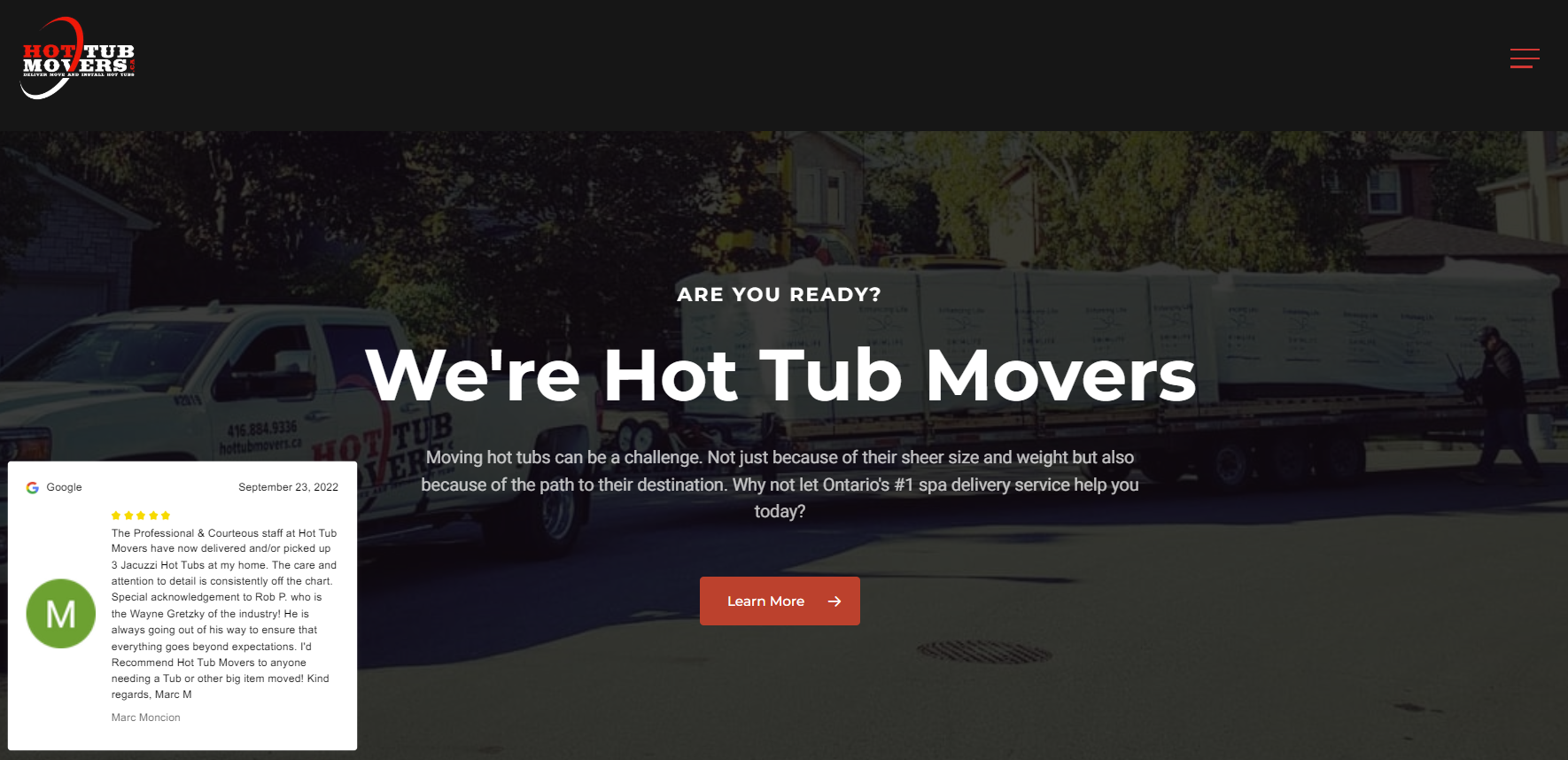 Hottubmovers.ca website redesign showing the words "we're hot tub movers" over a dark overlay of an image of a white Hottub movers truck with a trailer full of hot tubs on a sunny day