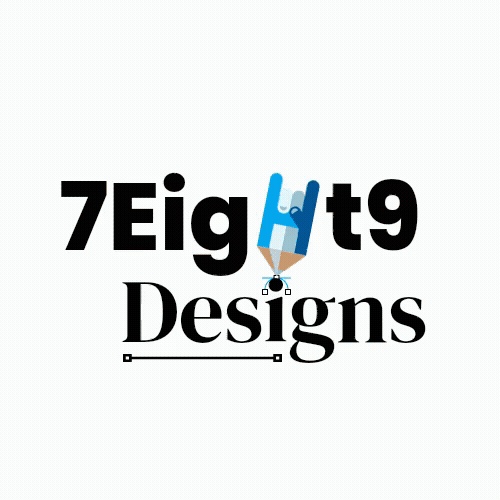 7Eight9 Designs Logo with bold fonts and H that looks like a blue pencil drawing on the i of designs